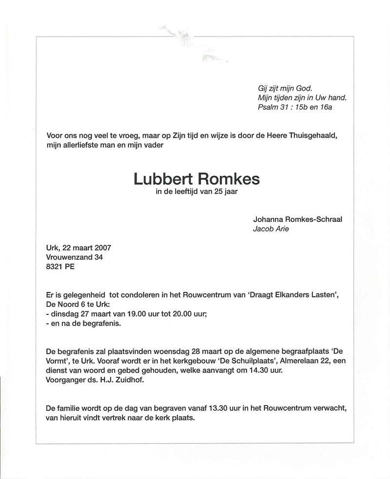 Rouwkaart Lubbert Romkes